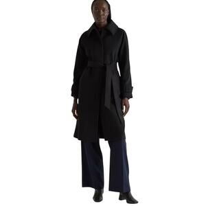 New Quince Women Black Italian Wool Belted Funnel Neck Coat Rare Small 3749